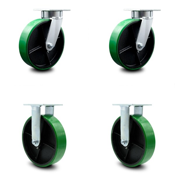 8 Inch Kingpinless Green Poly on Steel Wheel Swivel Caster Swivel 2 Rigid, 2PK